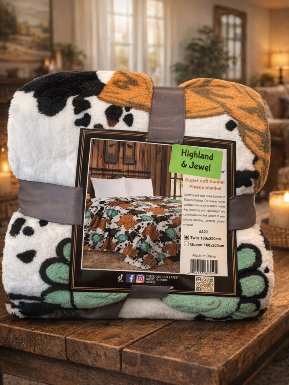 Floral Fleece Blanket - Green, Black, White & Orange